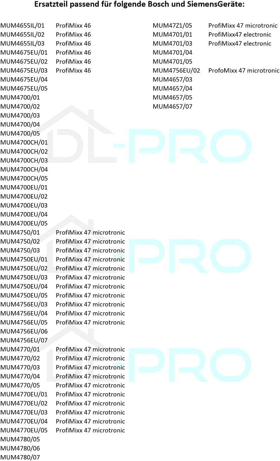 Compatibility list for Bosch Siemens MUM4 food processors, Part 3