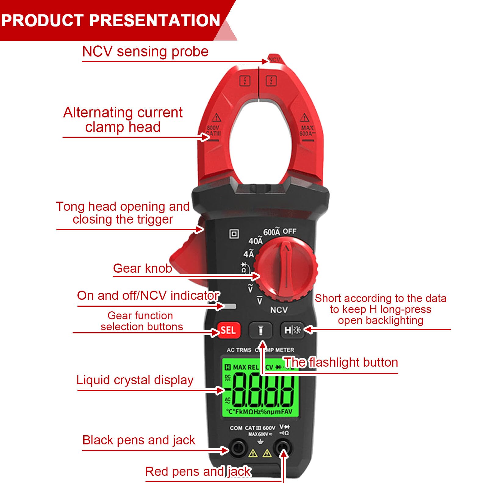 Stromzange, 6000 Counts Strommesszange 600A AC/DC, Zangenamperemeter mit Taschenlampenfunktion, Strommessgerät Zangenmultimeter Misst Spannung Kapazität Durchgang