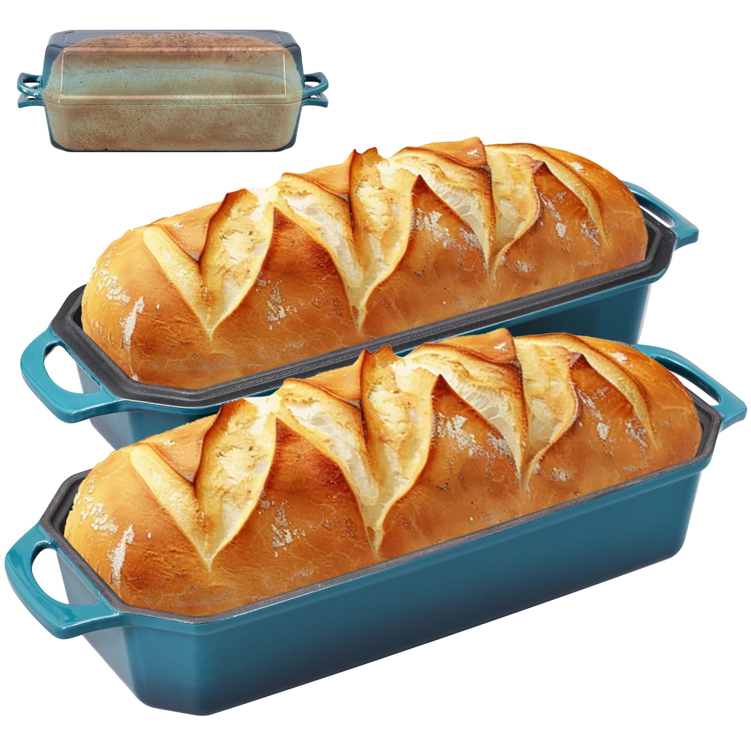 Flavehc Bread Pan Cast Iron Loaf Pan with Lid Bread Loaf Pan 13x5 Inch Enameled Cast Iron Sourdough Bread Pan,DarkCyan
