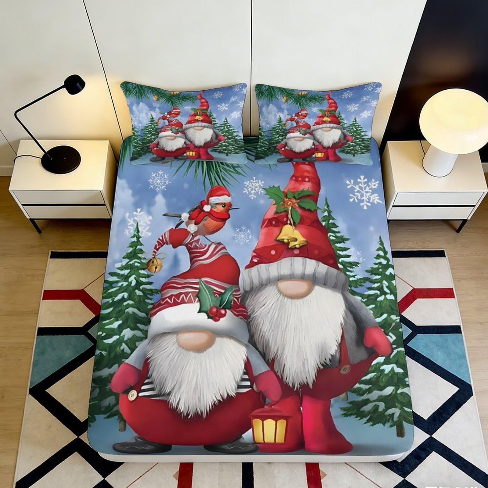 3D Printed Christmas Gnome Fitted Sheet Microfiber Nordic Santa Mattress Cover Festive Bed Decor for Bedroom Guest Room 90x200x25cm