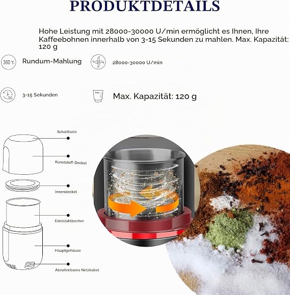 Electric Coffee Grinder - 120 g Capacity Spice Mill for Nuts Spices Cereals Peppers 150 W Electric Mill with Brush Black