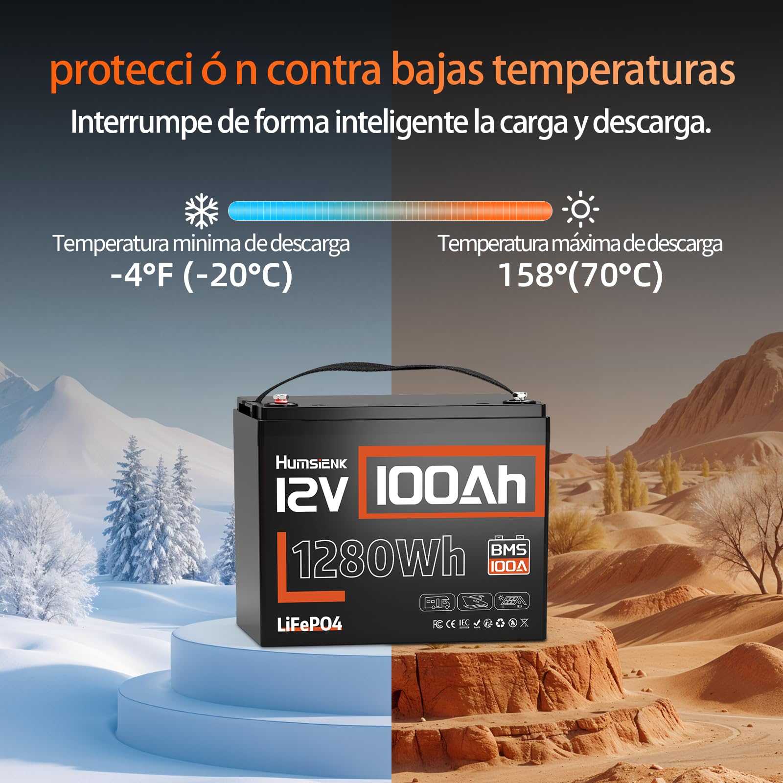 Humsienk Batería Litio LiFePO4 12V 100Ah, 1280Wh, BMS Inteligente de 100A, 4.000–15.000 Ciclos Profundos, Protección Baja Temperatura — para Solar, Autocaravana (RV), Emergencia
