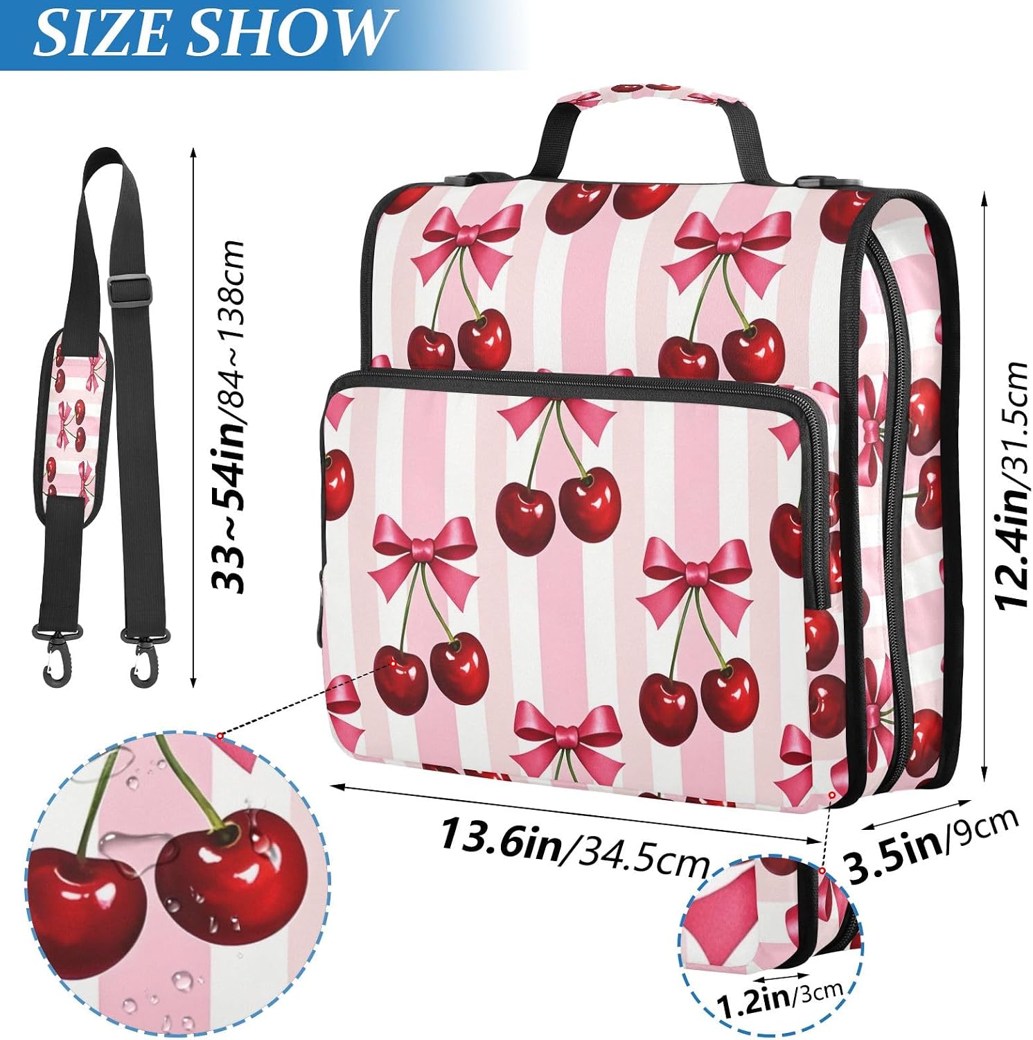 Zipper Binder 3 Ring Red Cherries Bows 1.5 inch D-Ring Binder Bag with Zipper Multiple Storage Expanding Pockets File Folder Document Organizer