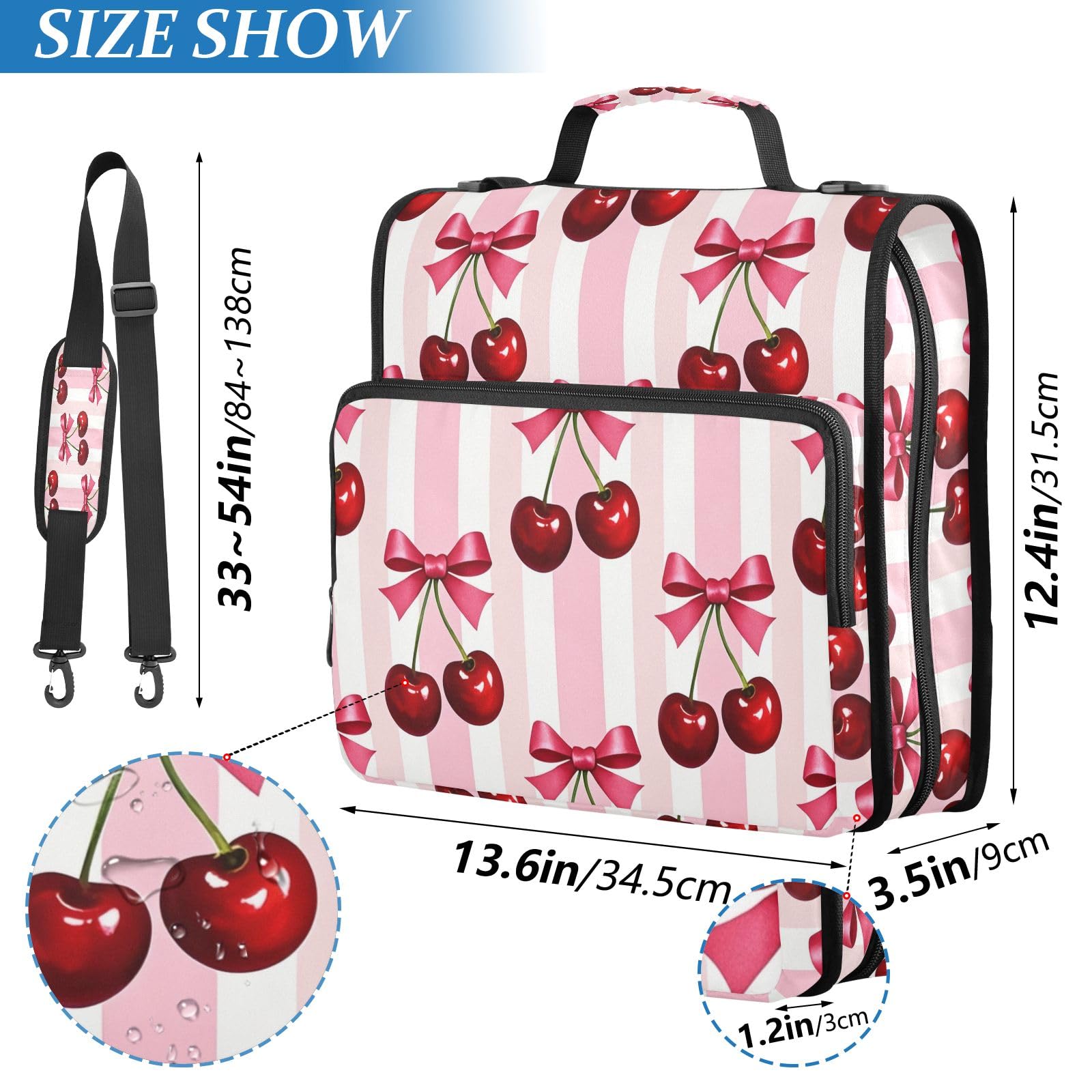 Red Cherries with Bow Zipper Raccoglitore a 3 anelli 3,8 cm D-Ring Raccoglitore Molteplici Tasche Espansione Cartella di File Organizzatore Documenti
