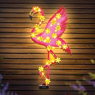 23.2" Metal Flamingo Outdoor Wall Decor with 30 Led Solar Lights