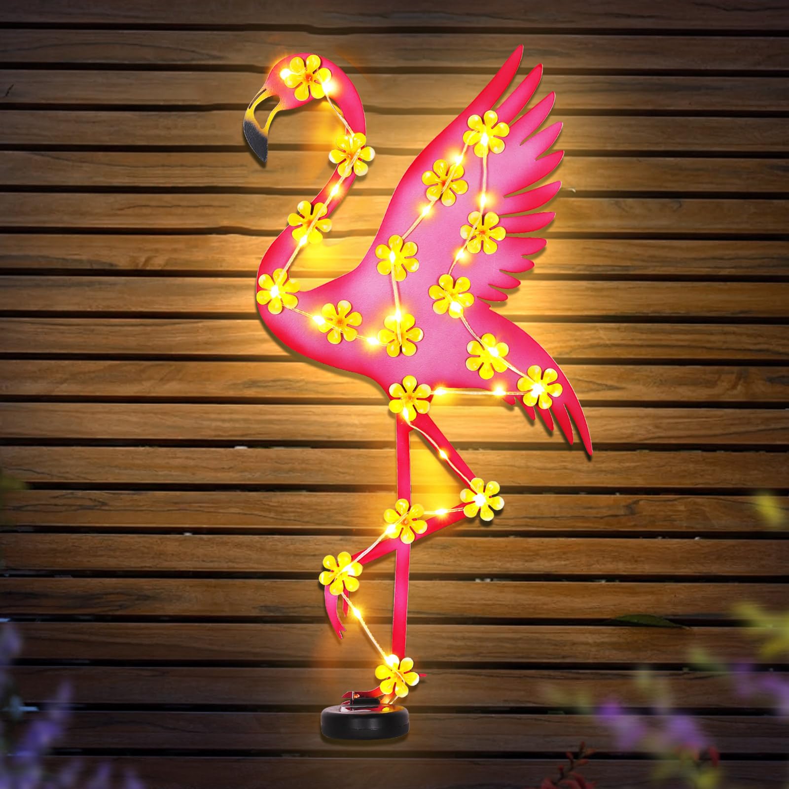 Metal Flamingo Outdoor Wall Decor with 30 Led Solar Lights- 23.2" Outdoor Fence Wall Art Decor, Gift for Mom Grandma Women Birthday Gardening,Hanging Decoration for Garden Patio Porch Yard