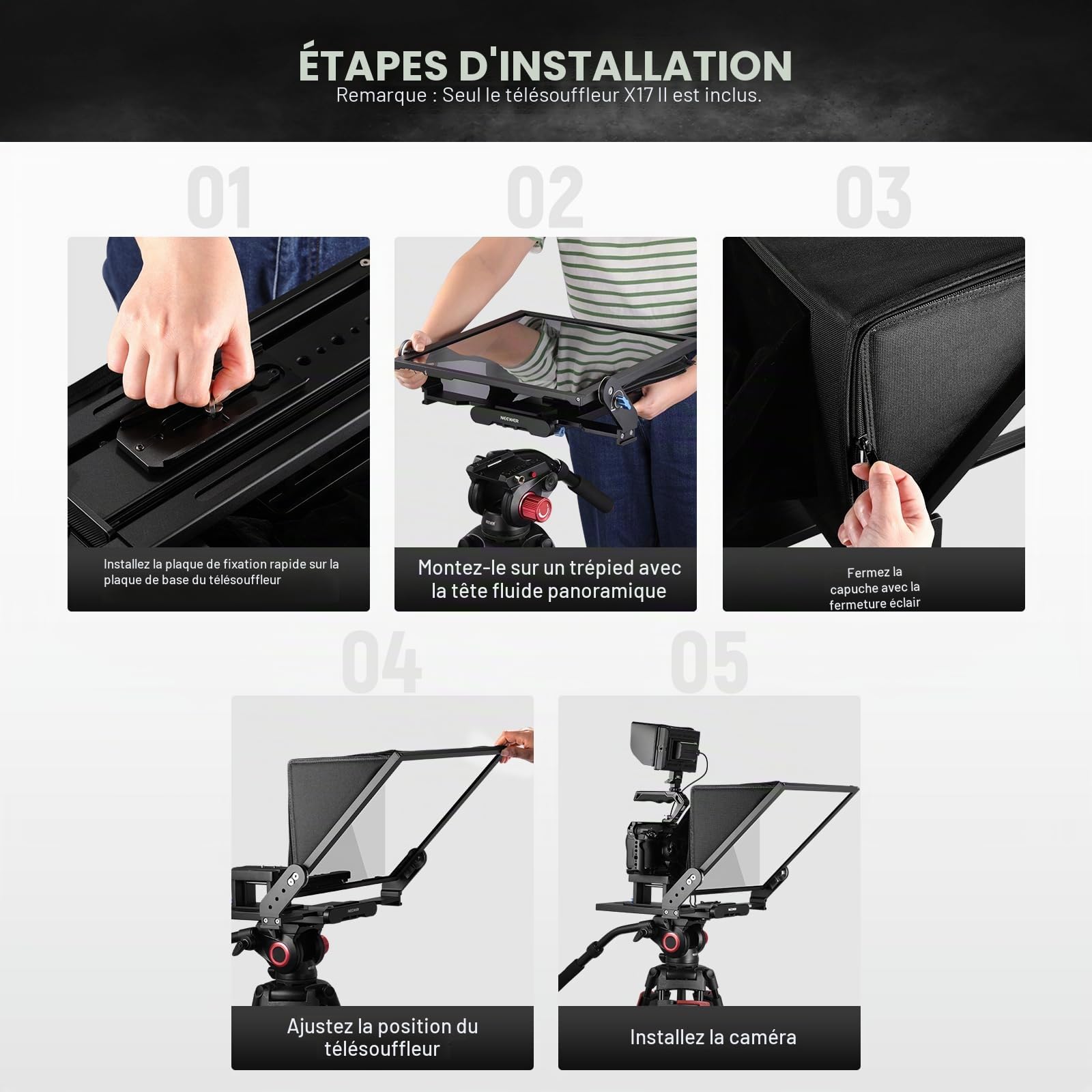 NEEWER Teleprompteur X17 II avec Télécommande Contrôle,17" HD | Cadre Métal,Plateau Rapide Amélioré,Compatible avec Manfrotto 501PL iPad iPhone,Charge Max 20kg,Sans Montage
