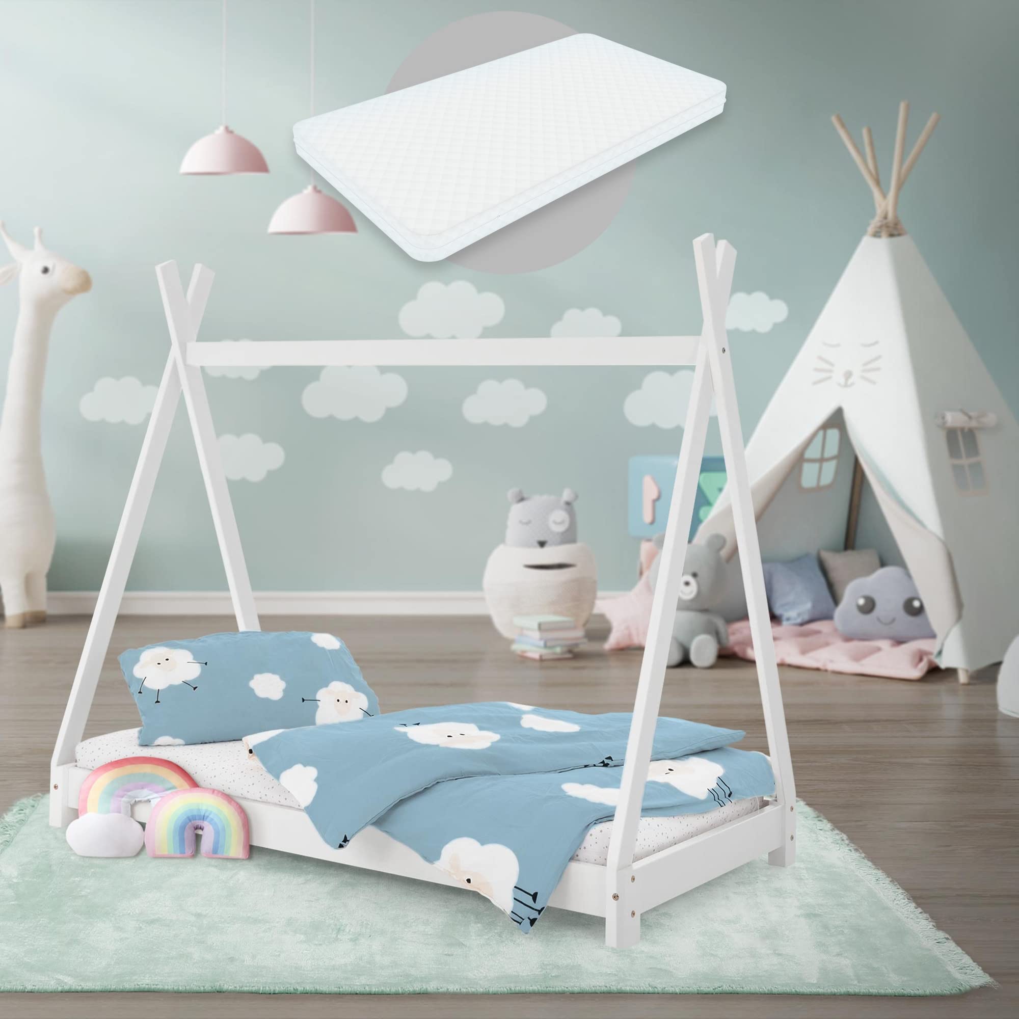 ML-Design Kinderbett Tipi 70x140 cm Weiß mit Matratze & Lattenrost, Indianer Bett aus Kiefernholz, Hausbett für Mädchen & Jungen, Bodenbett Kinderhaus Jugendbett Holzbett Bettenhaus Spielbett Zelt