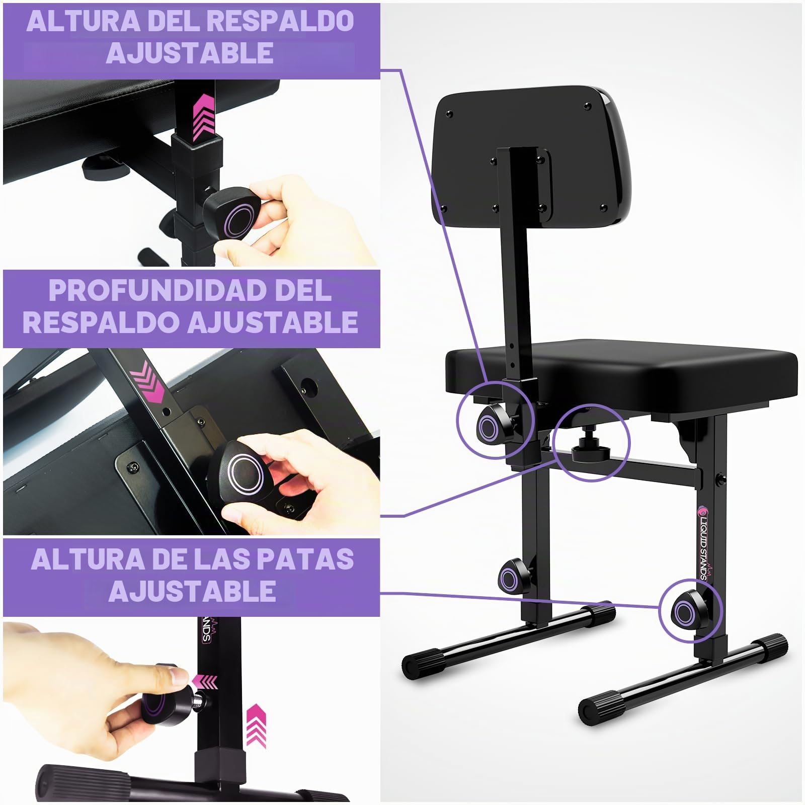 Liquid Stands Banco de Piano Ajustable - Banco de Teclado Musical con Respaldo para Teclado de Piano con cojín Acolchado Negro para músicos