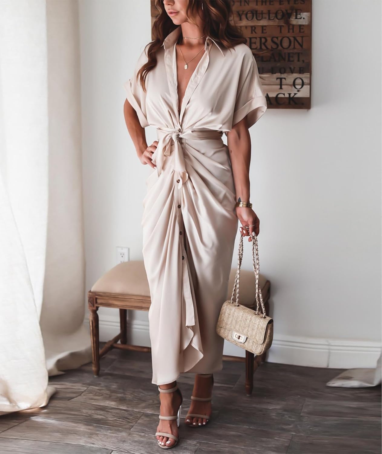 Sexyshine Women's Satin Button Down Shirt Dress Lapel V Neck Short Sleeve Tie Waist Ruched Wrap Cocktail Party Midi Dresses - Image 6