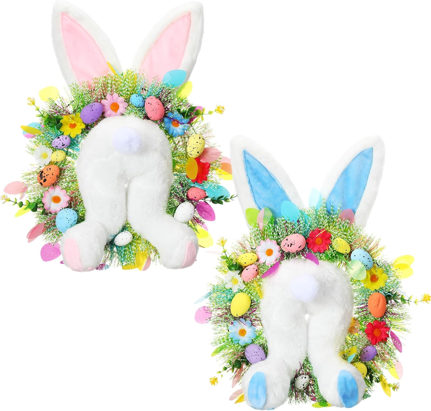 Zeyune 2 Pcs 18.1"x 11.4" Easter Bunny Wreath with Colorful Eggs Artificial Easter Wreath Mixed Flowers Green Leaves Hanging Bunny Shaped with Straw Hat and Bow for Front Door Wall(Bow Bunny)