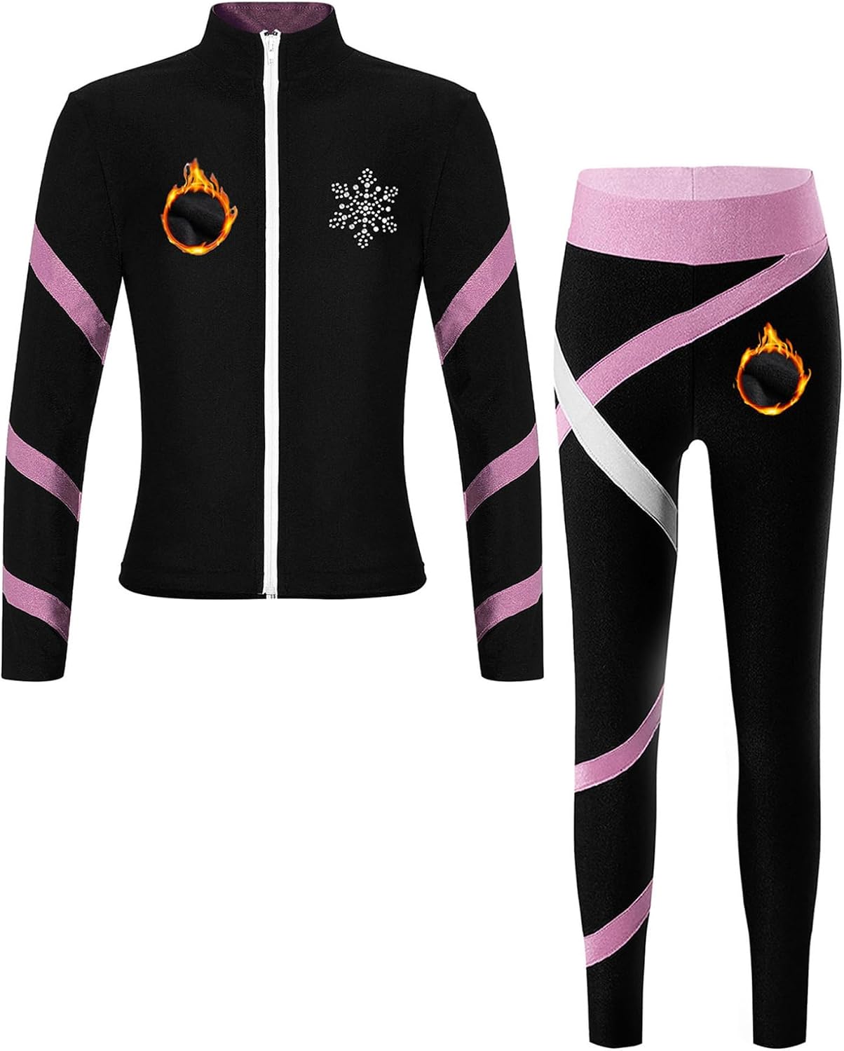 Kids Girls Figure Ice Skating Training Suit Fleece Lined Jacket with Practice Skating Leggings Set