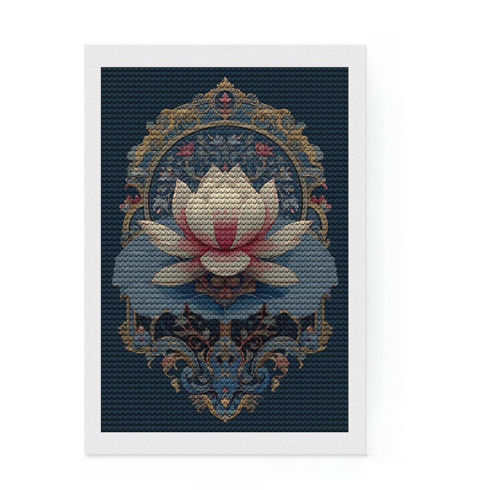 Junmoney Elegant Lotus Ornament Diamond Painting Set 8"x12", Complete Accessories, Satisfying Creative Project, Stress Relief Craft, Office Decor