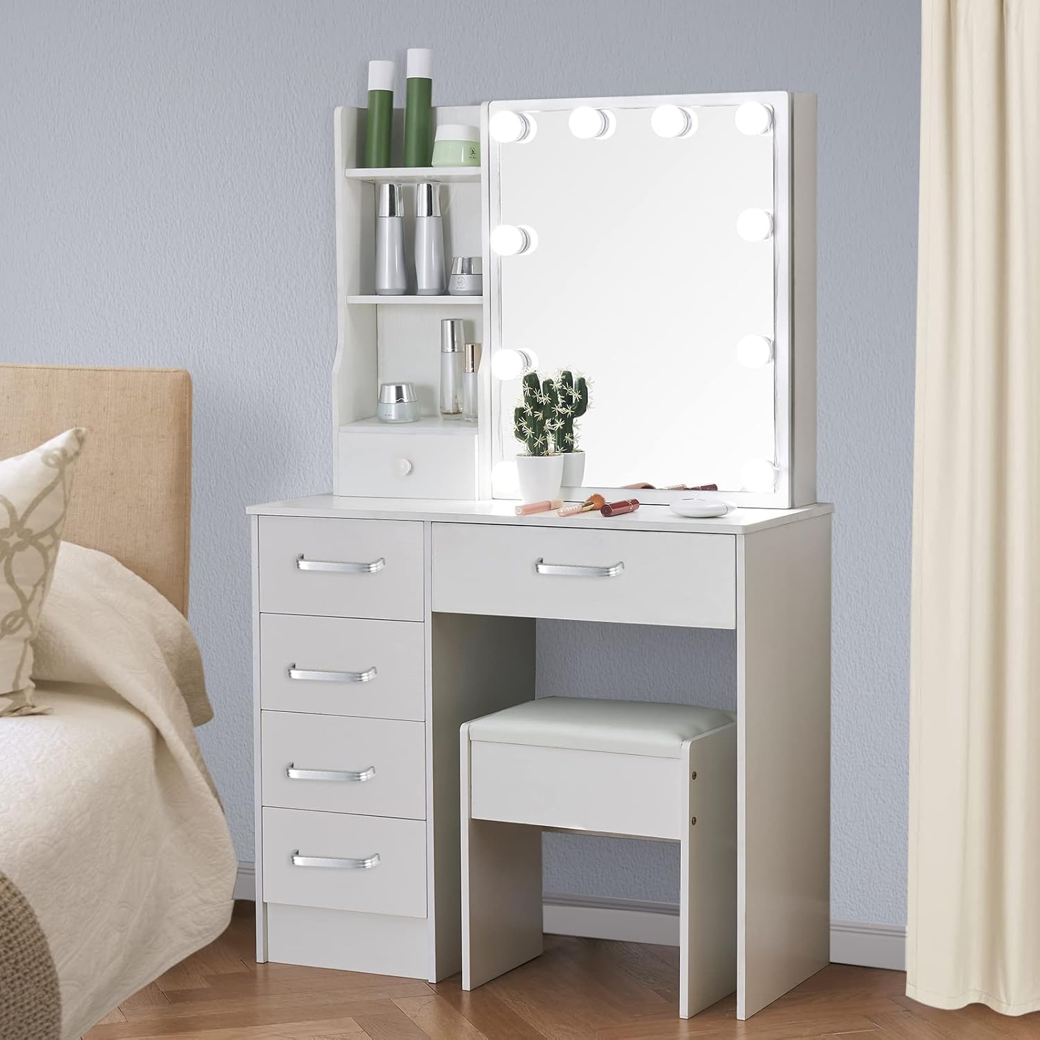 Vanity Desk with Lights and Mirror,3 Modes Adjustable 6 Drawers 6 Shelves 1 Chair & Slide Mirror Makeup Desk for Girls Adults Bedroom,White,51.6" H