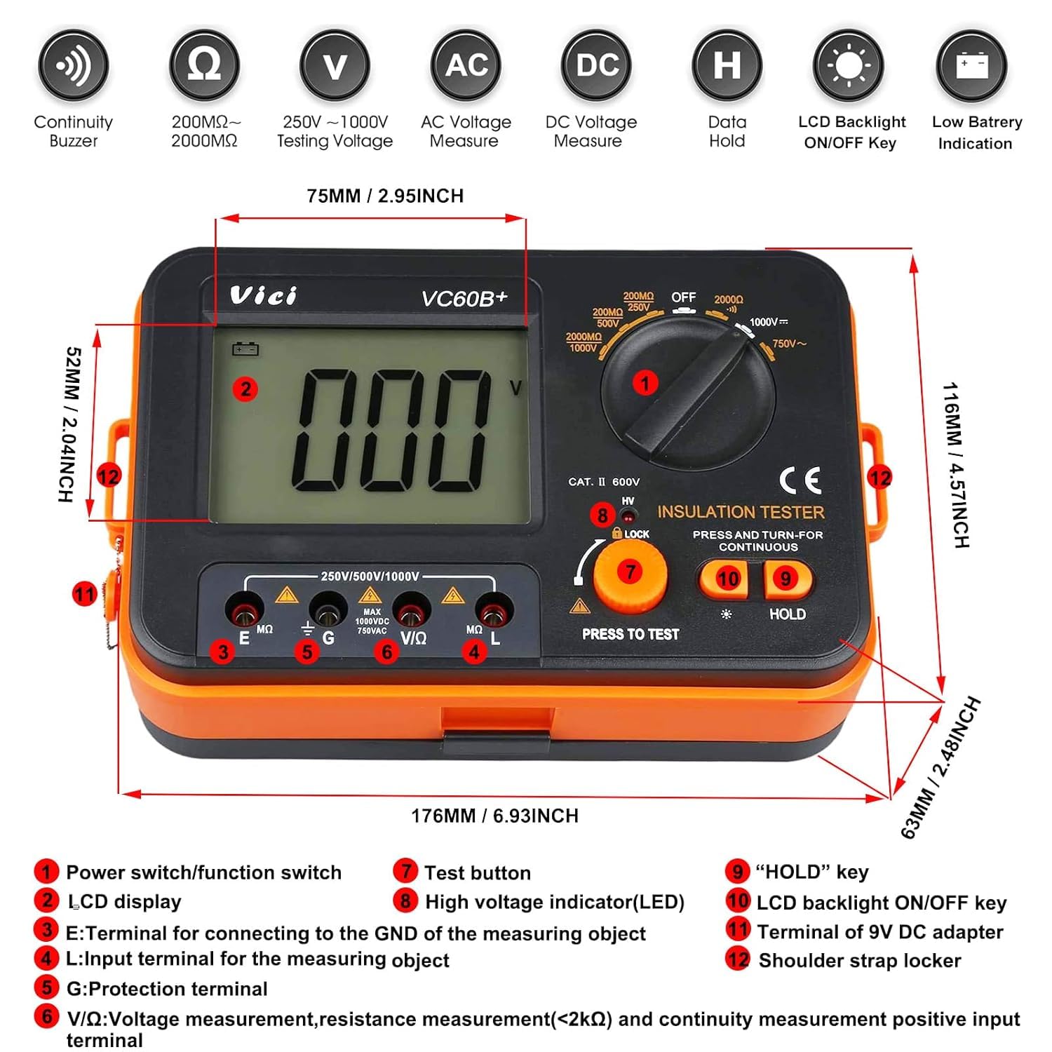 VC60B+ Digital Insulation Resistance Tester Megohm Meter — Amazon image 4