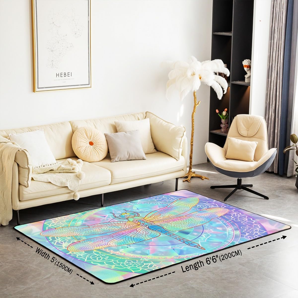 Erosebridal Dragonfly Area Rug 5x7, Colorful Flowers Printed Carpet for Living Room Bedroom, Laser Animals Insect Non Slip Indoor Floor Mat, Blue Pink Chic Kids Boys Girls Washable Decorative Rug