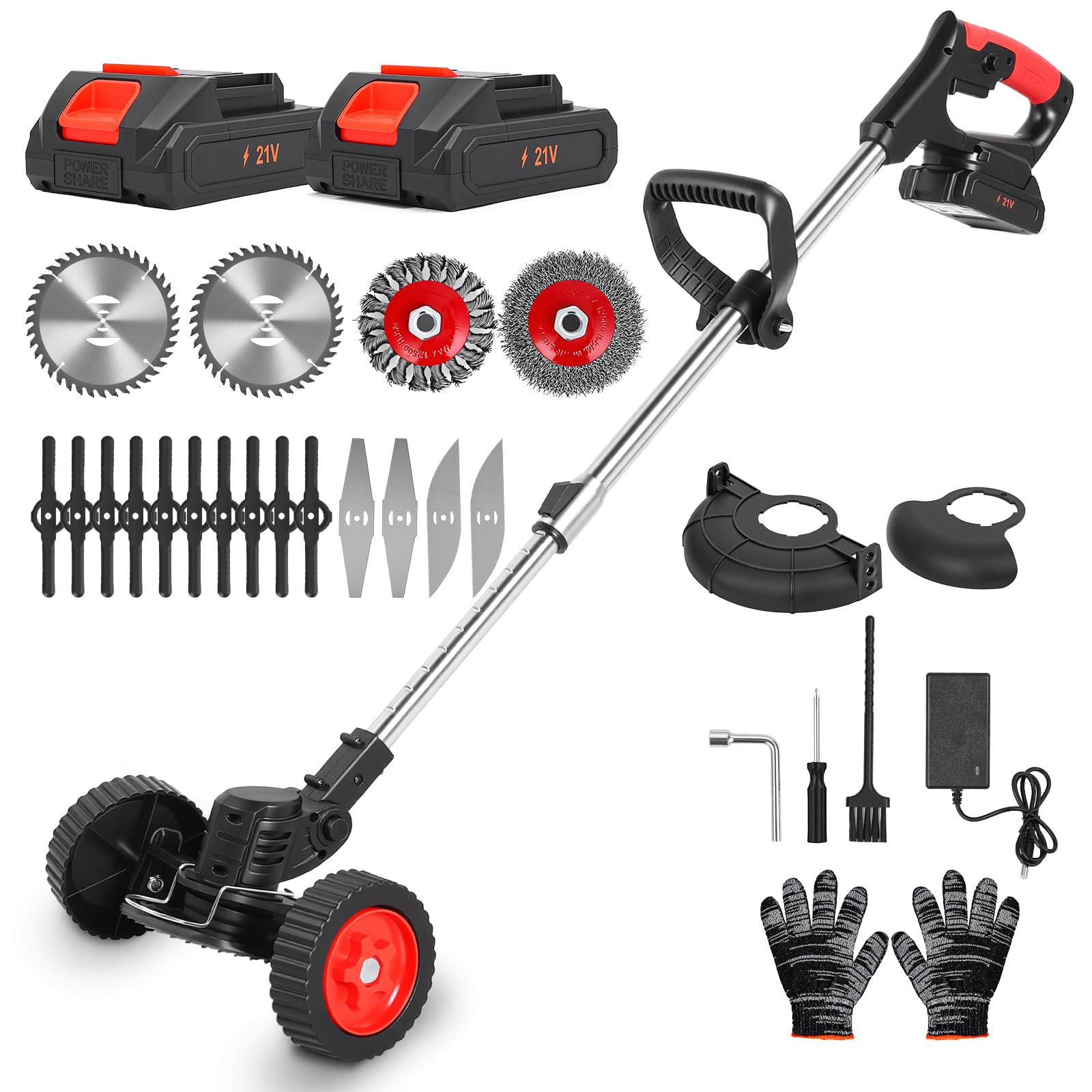 Desbrozadora con batería, 5 en 1 batería con 2 baterías, 4 cuchillas intercambiables para ramas, setos, hierba y musgo, cortacésped eléctrico para patios, jardines y bordes de aceras, altura ajustable