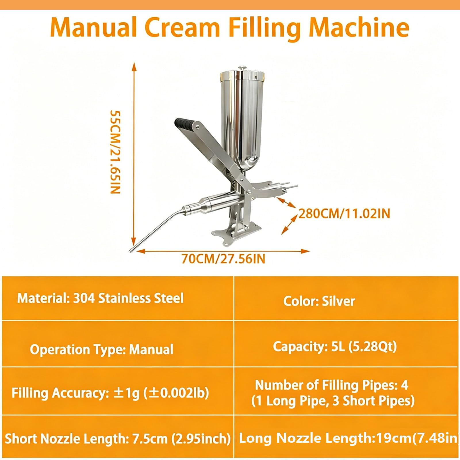 Machine de Remplissage de Beignets Manuelle 5L, Injecteur de Gelée, Crème Pâtissière, Confiture, Réglage Précis ±1g, pour Donuts, Éclairs, Churros, Cakes, Durable Tout INOX Longbeak