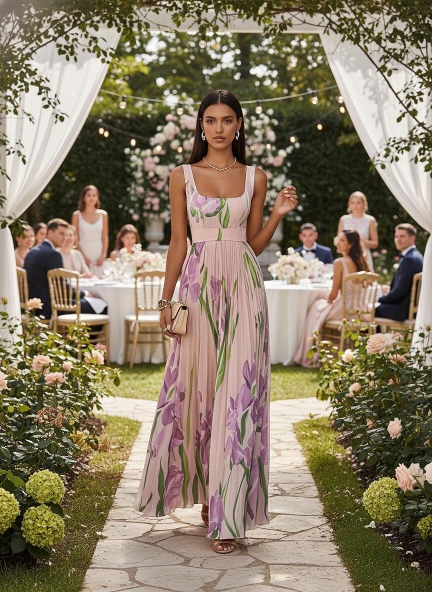 Generale Vestito Lungo a Fiori Donna Senza Maniche con Scollo Quadrato, Modello Fluido a Taglio A Elegante, Perfetto Come Abito Invitata Nozze per Primavera, Estate e Vacanze