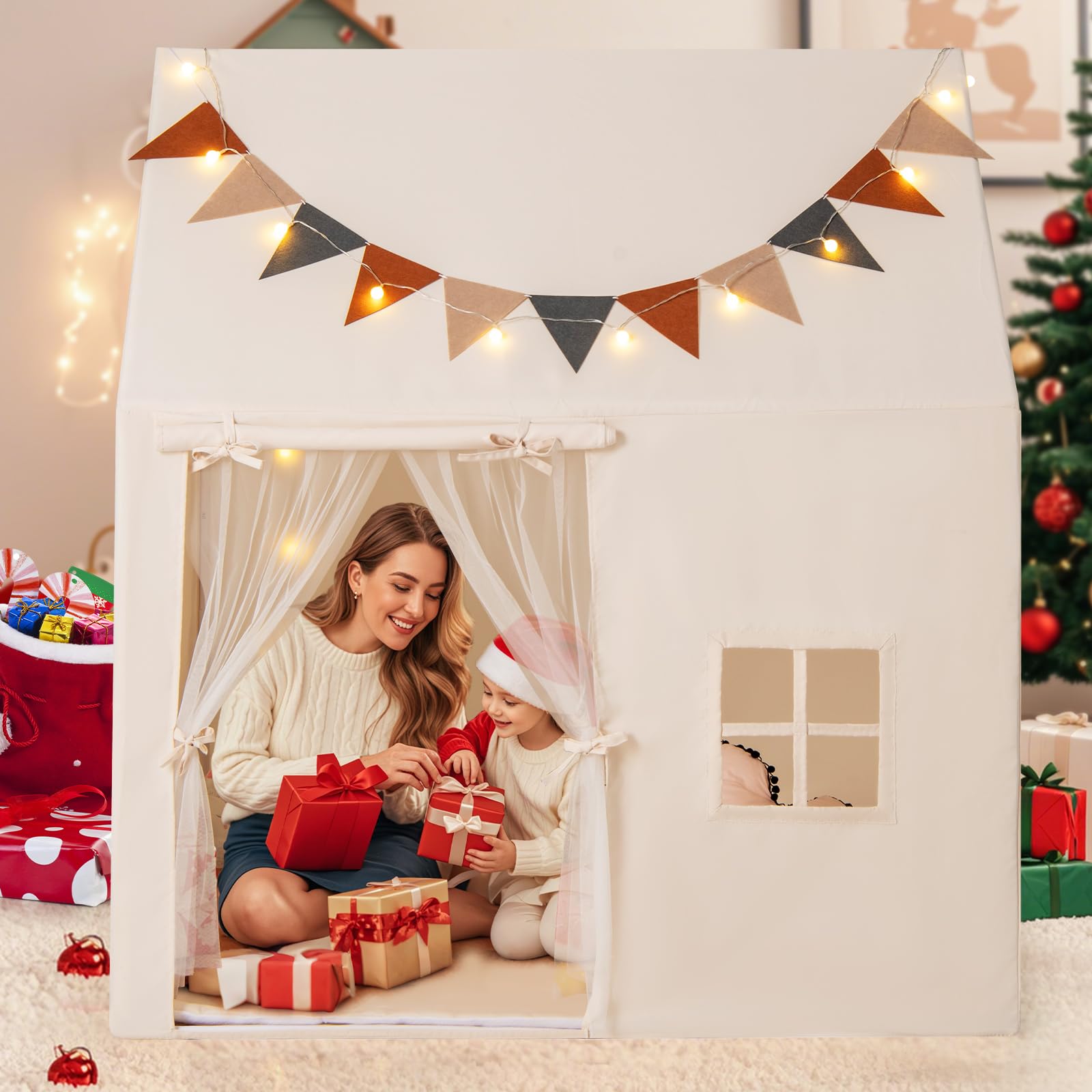 COSTWAY Kinderzelt für Drinnen, Spielhaus Kinder Indoor mit rutschfeste Matte & Lichterketten & Flaggen, Spielzelt Kinderzimmer Zelt für Kinder ab 3 Jahren