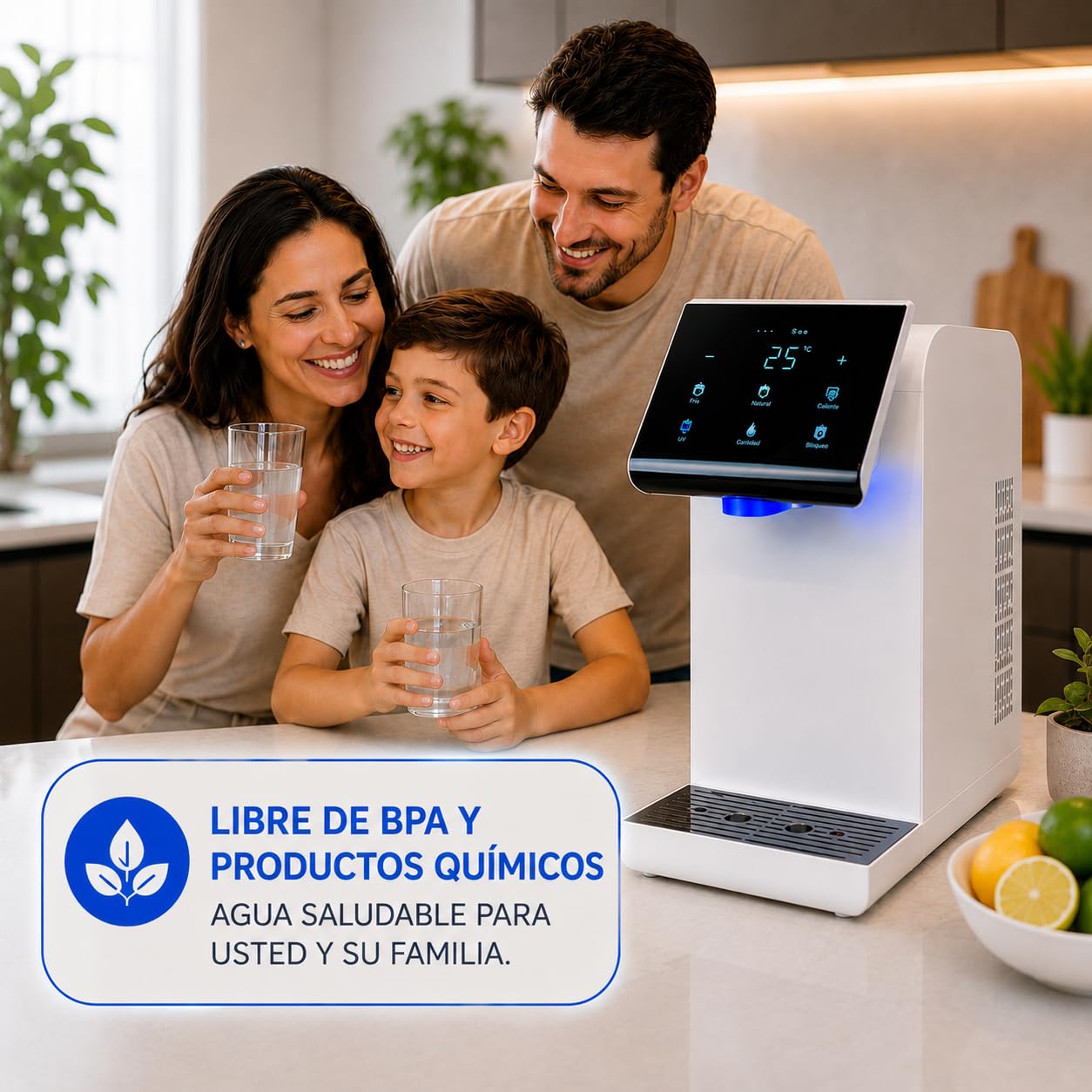 Filtro Dispensador de Agua Fría, Caliente y Natural, Purificador de Agua sin Garrafón, Filtro de 2 Etapas, Esterilización UV, de Sobremesa.