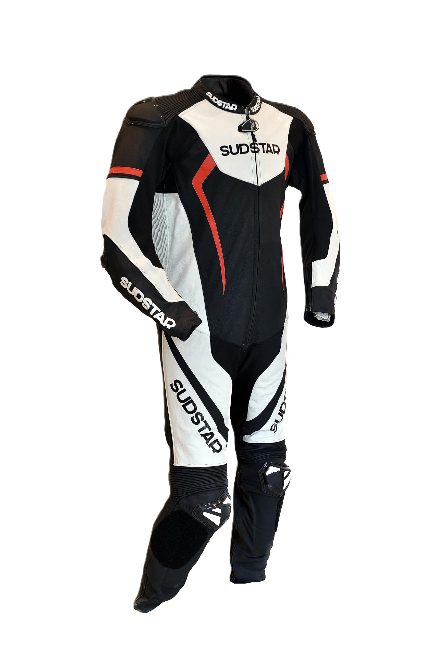 SUZUKA skórzany kombinezon motocyklowy, czarno-biały, sportowy design, certyfikat CE poziom 2, system Thermoline klasy A, predyspozycja AIRBAG