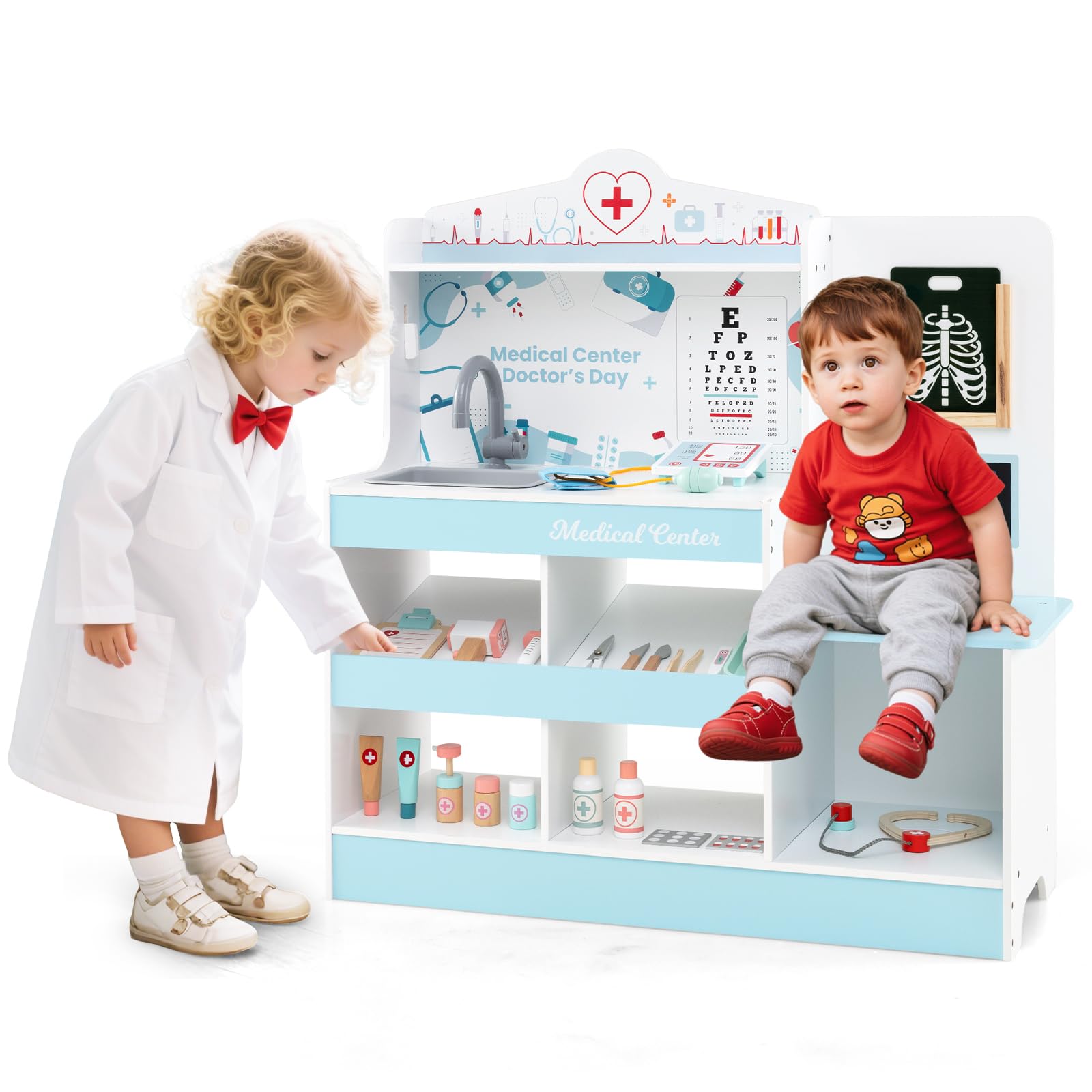 HOMASIS Arzt-Set aus Holz, Arzt-Set für Kinder mit Waschbecken, Sichtprüfung, Elektrokardiogramm, Uhr und Röntgenaufnahme, Krankenschwester-Spiel für Kinder ab 3 Jahren (Blau)