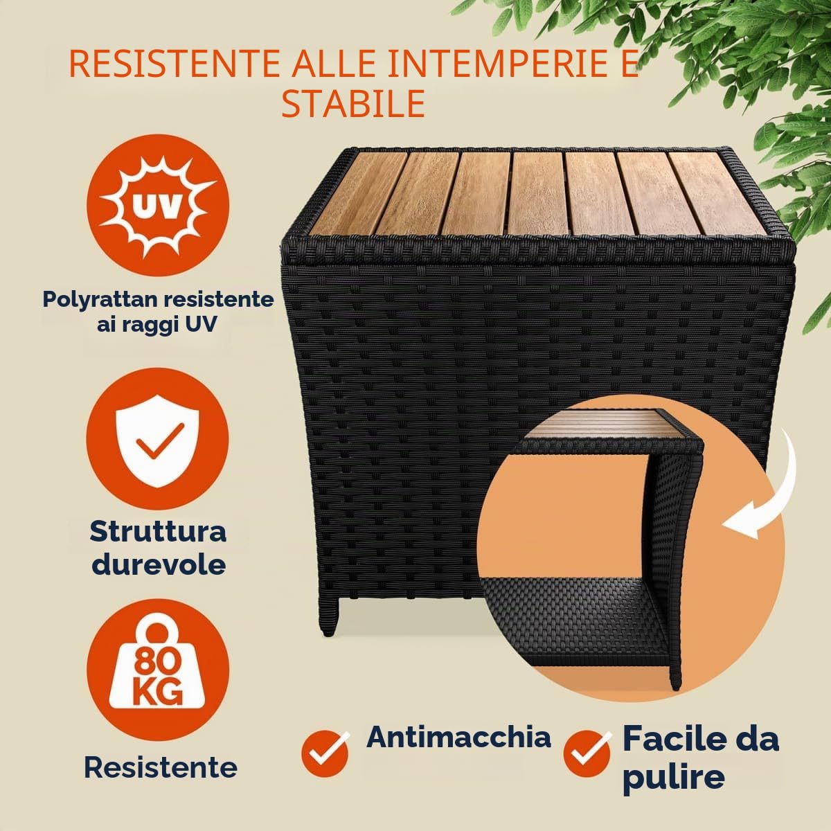 Casaria Tavolino da Esterno in Legno Polyrattan Acacia 45x45x40cm Carico Max 80kg