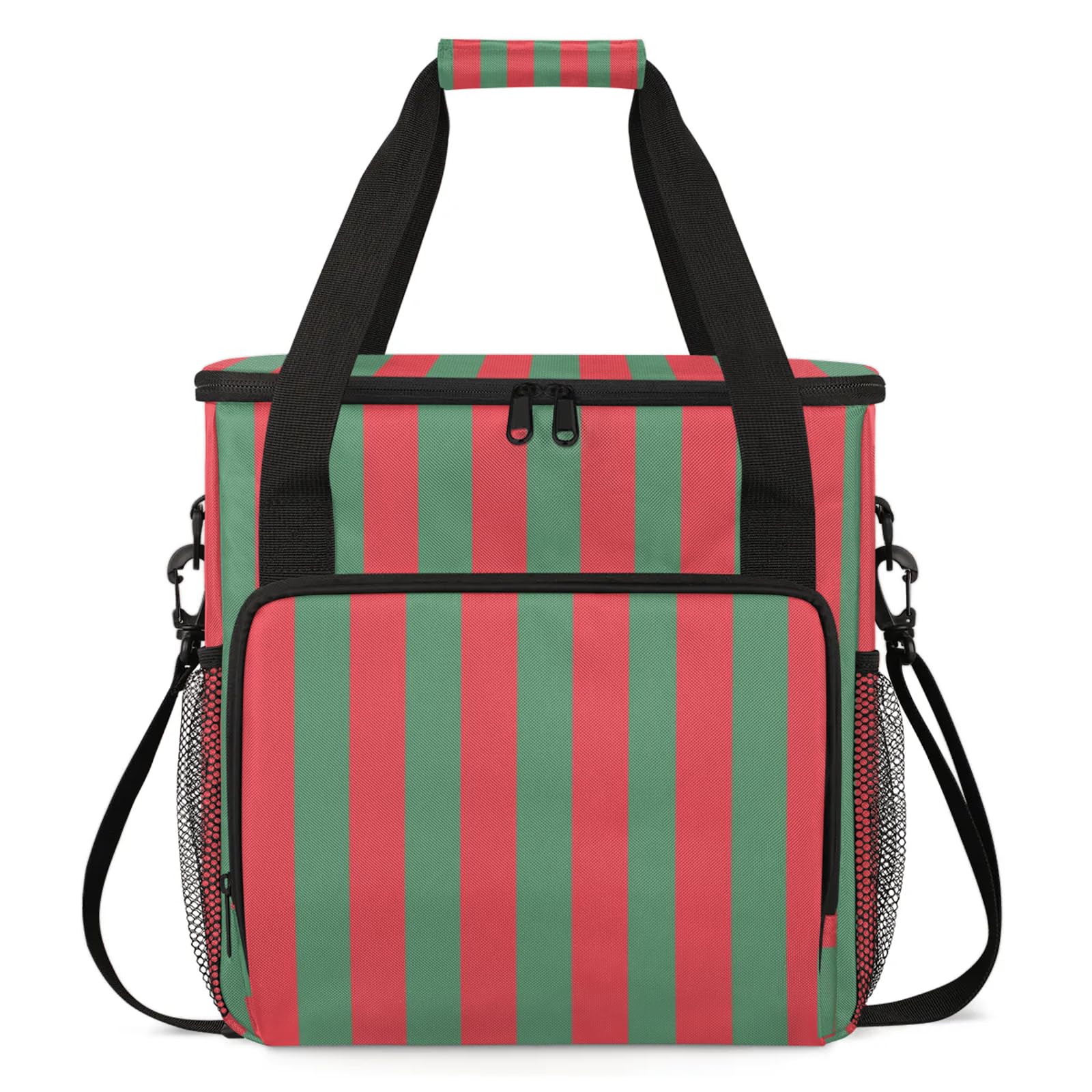 Adornori Red and Green Stripes Travel Coffee Maker Carrying Bag, Large Organizer Storage Tote Bag Insulated Reusable Cooler Grocery Bags