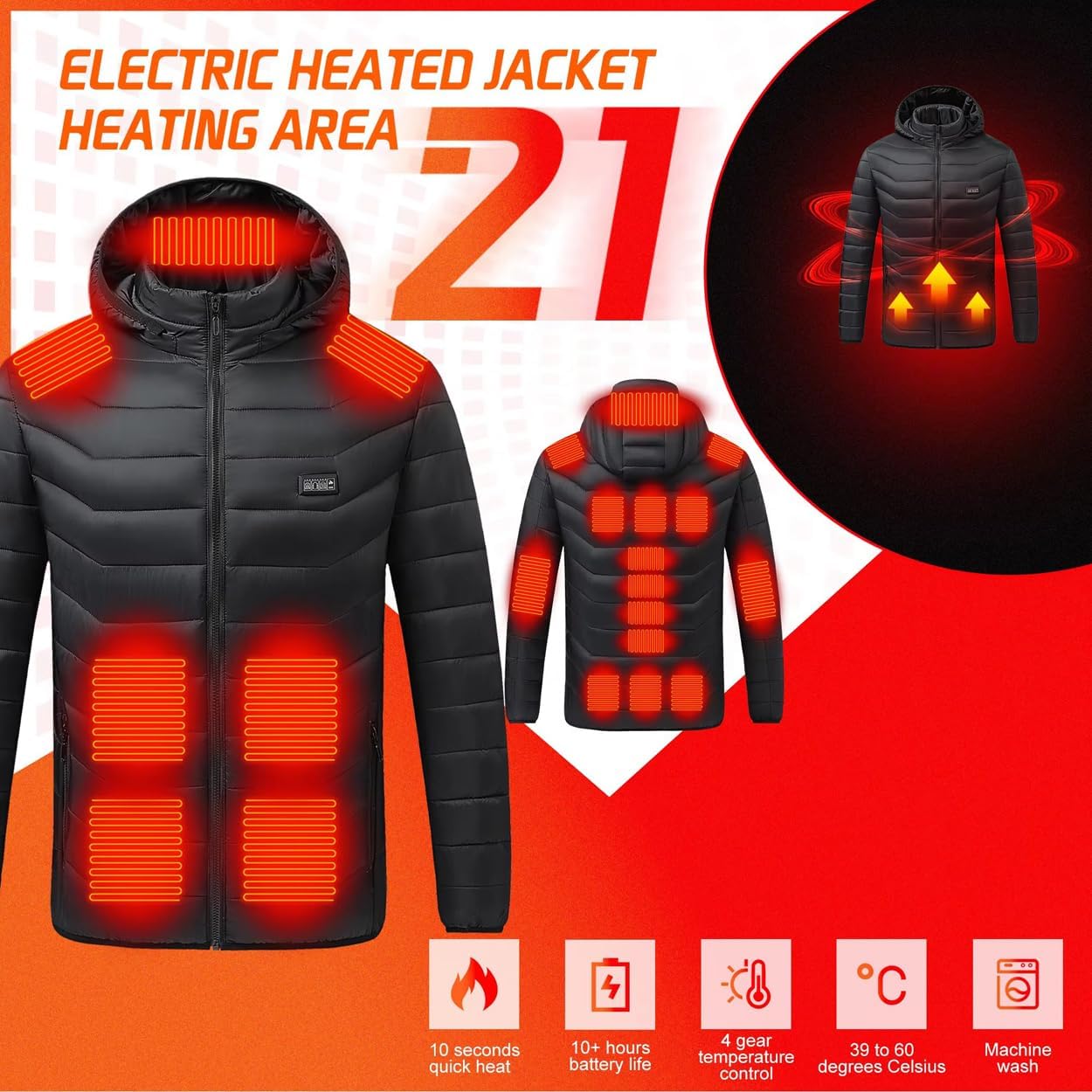Heated Jacket, Winter Heating Motorcycle Coat, 21 Zones USB Electric Heating Cycling Suit Hooded Windbreaker