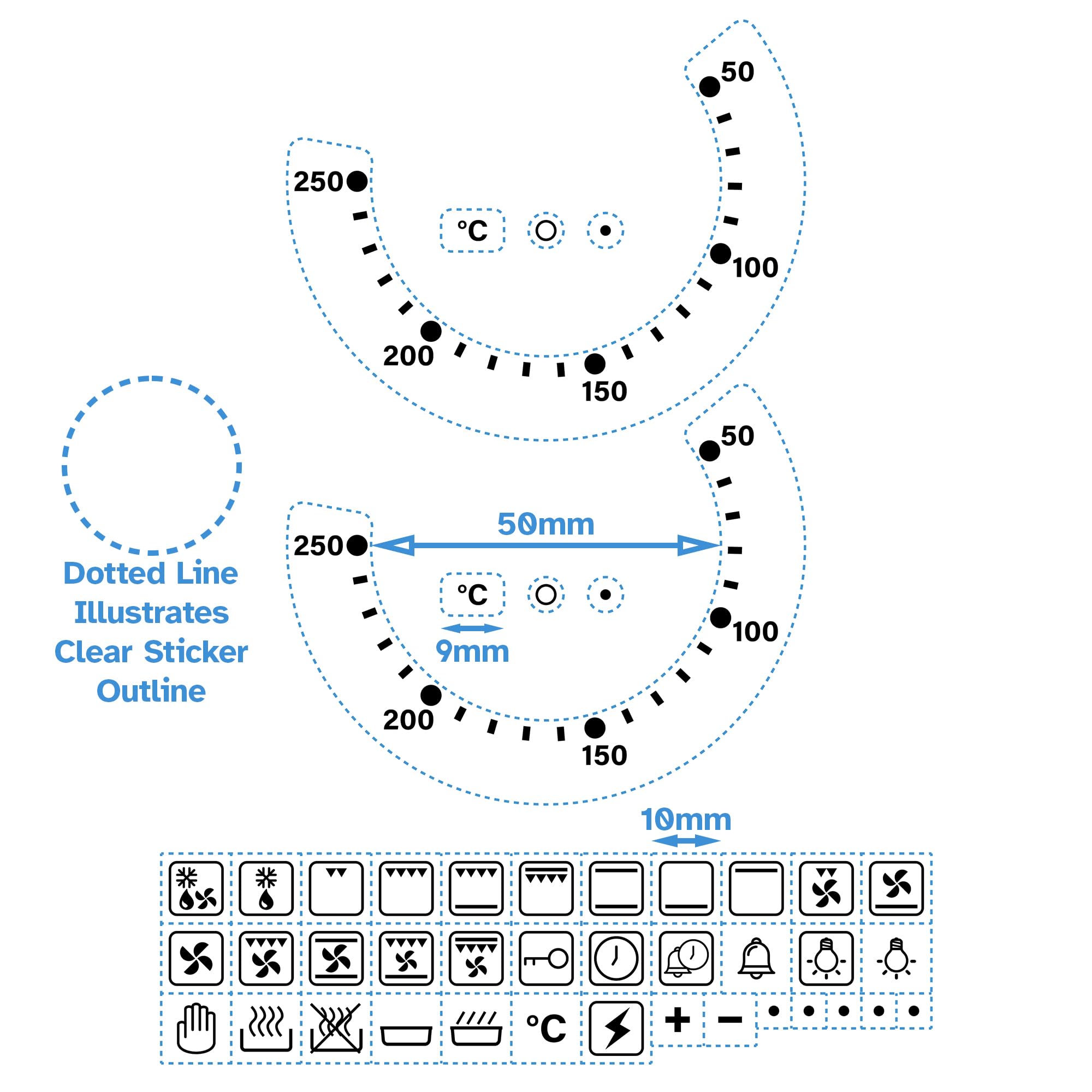 HALLMERS 50-250 Degree Celcius Gradient Dash Temp Dial + 36 Symbols Decal Control Panel Labels (Black Print Clear Adhesive) Replacement Temperature Oven Sticker Electric Grill Fan Gas Knob