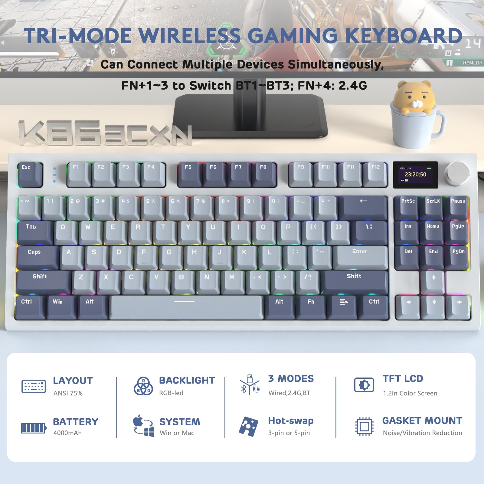 ATTACK SHARK K86 Tastiera Meccanica Wireless, Tastiera da Gioco 2.4G/BT5.0/USB-C Cablata, 75% Layout TKL 87 Tasti QWERTY, Display a Colori TFT HD da 1,2'' e CNC Knob, Hot-swap RGB Backlit - Blu