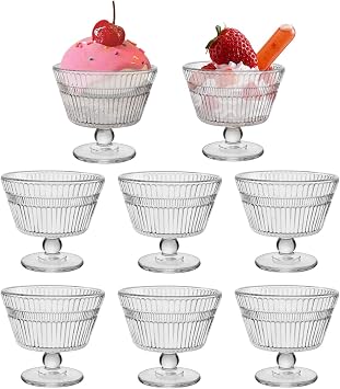 Vintage Glass Dessert Bowls, Dessert cups Set of 8, 9 oz Sundae Cups for Ice Cream, Fruit, Pudding, small snacks, Yogurt, and Appetizers 8