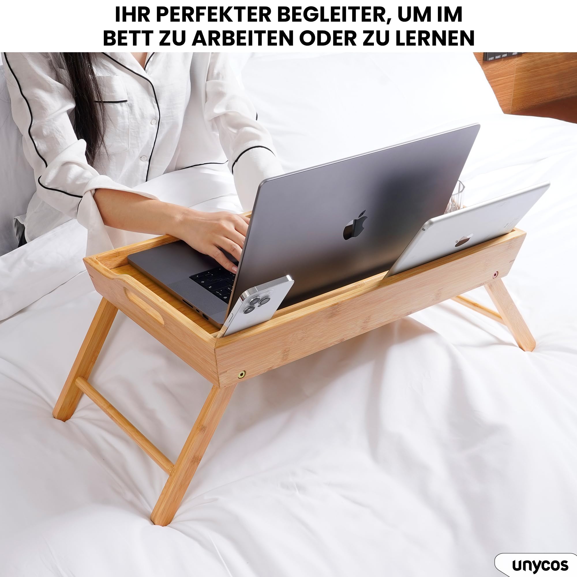 unycos - Frühstückstablett Bambus Klappbar 55 x 35 x 24,8 cm, Betttablett mit hohem Rand und Tragegriffen, Serviertablett fürs Bett und Sofa, Laptoptisch zum Lesen und Frühstücken (Arbeitstisch)