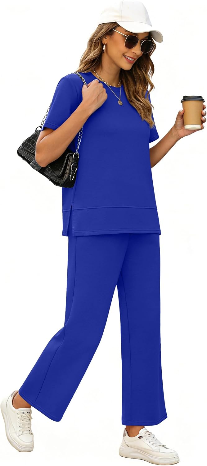 Women's 2 Piece Outfits Summer Lounge Sets Side Slit Loungewear | Short Sleeve Top Matching Wide Leg Capri Pants thumbnail