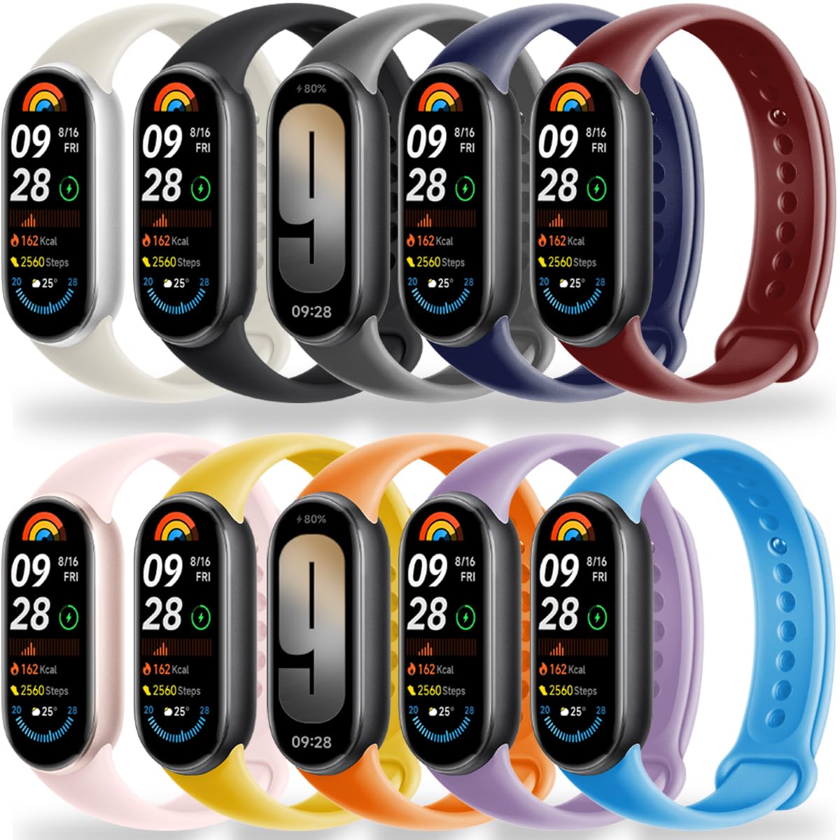 BABEJIA 3-10 Pezzi Cinturini Compatibili con Xiaomi Smart Band 10/9/8, Cinturino Morbidi e Sportivi, Traspiranti, Regolabili, A Sgancio Rapido