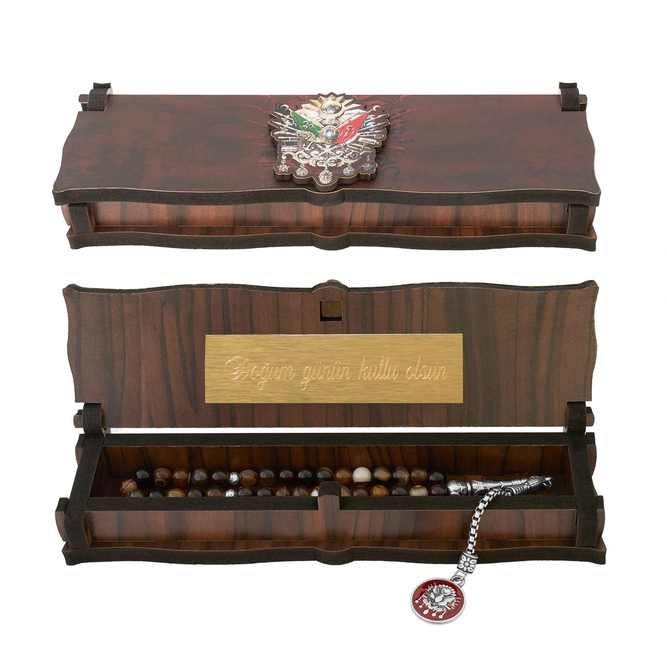 Box Schatulle MIT Gravur aus Holz Handgemacht & Tesbih Gebetskette 'Wappen Osmanisches Reich' Tugra Abdulhamid 33 Perlen