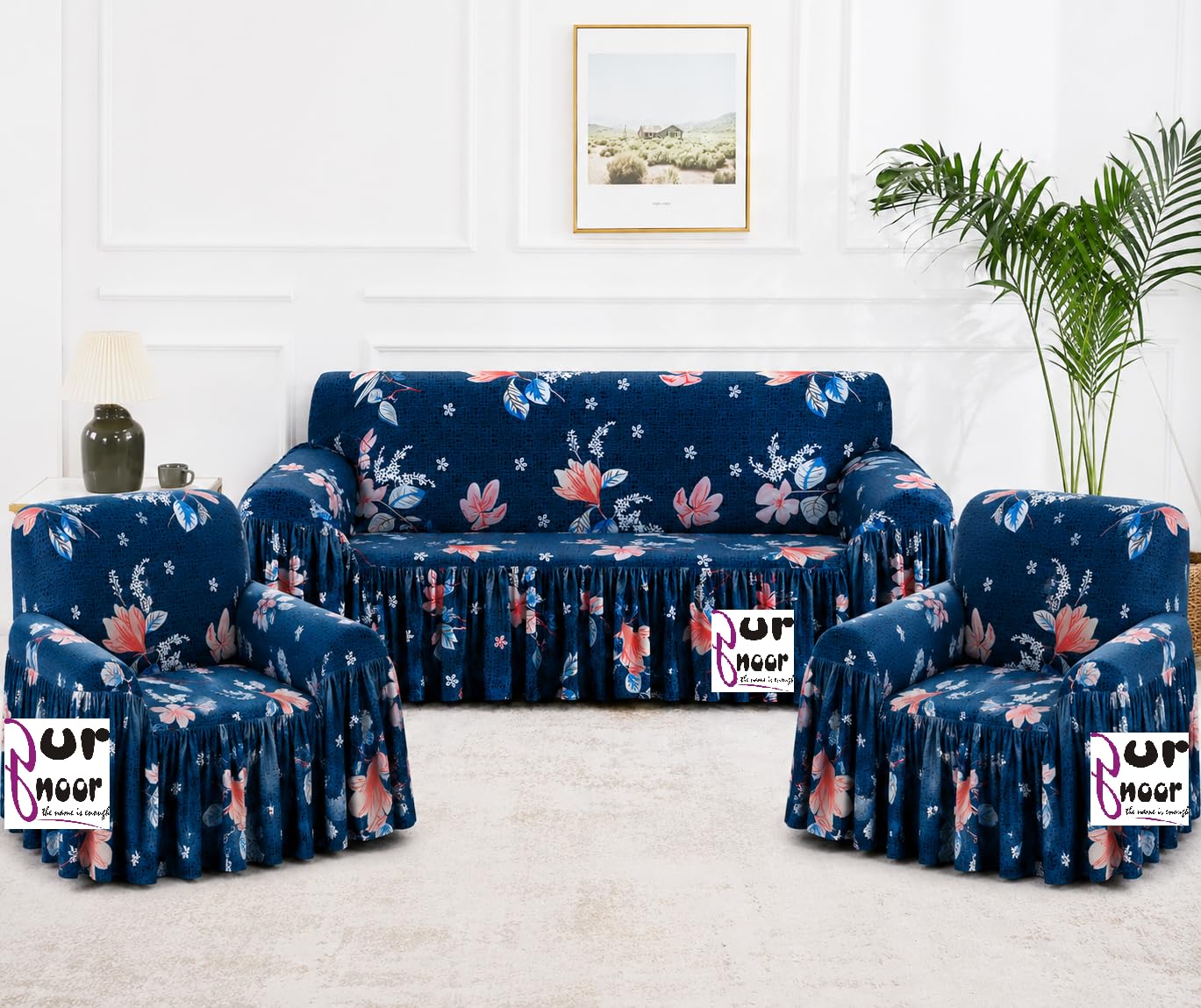 Gurnoor™ Sofa Cover 5 Seater Fully Covered Universal Polycotton Spandex Sofa Cover with 360° Frill Non-Slip Sticky Elastic Stretchable Sofa Set Slipcover for (3+1+1 Seater) (Smart Blue)-picture-30