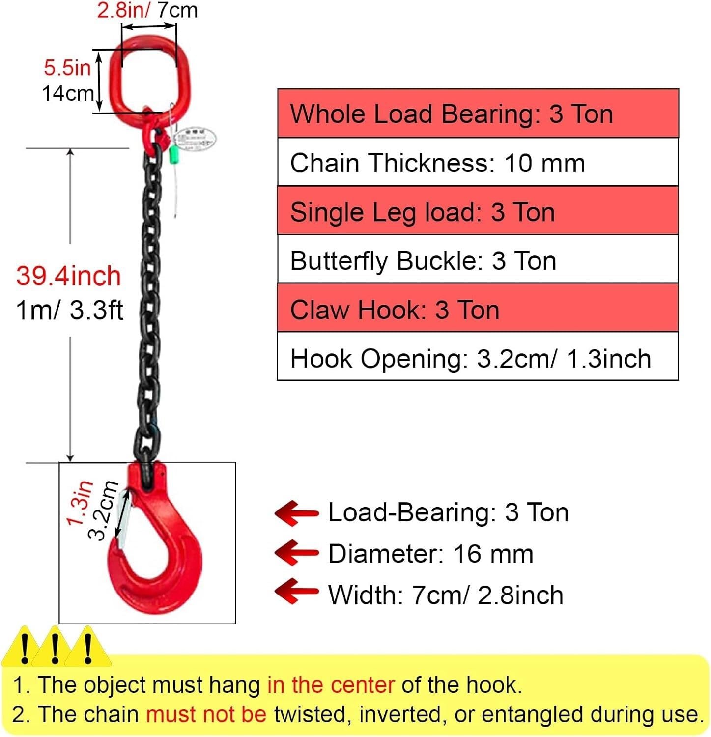 Eslingas de cadena de elevación Cadenas pesadas for elevación con certificado de inspección, acero al manganeso G80 de alta resistencia, eslingas de cadena industriales for grúa eslinga(3 Ton)
