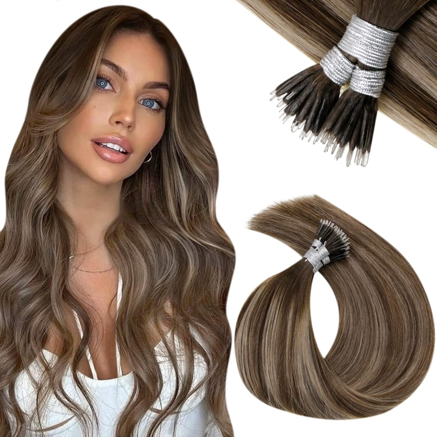 Vivien Nano Tip Hair Extensions Human Hair 14 Inch Balayage Brown