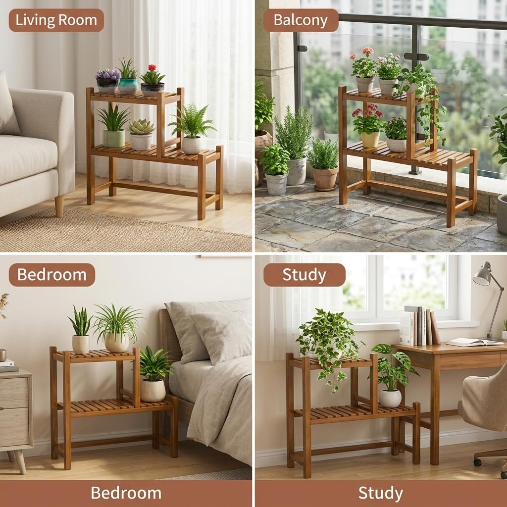 Support Plantes en Bambou avec sign Escalier Élégant pour Présenter Fleurs Bonsaïs Plantes Retombantes Rangement Supplémentaire pour Objets Décoratifs , Couleur thé , 15cm