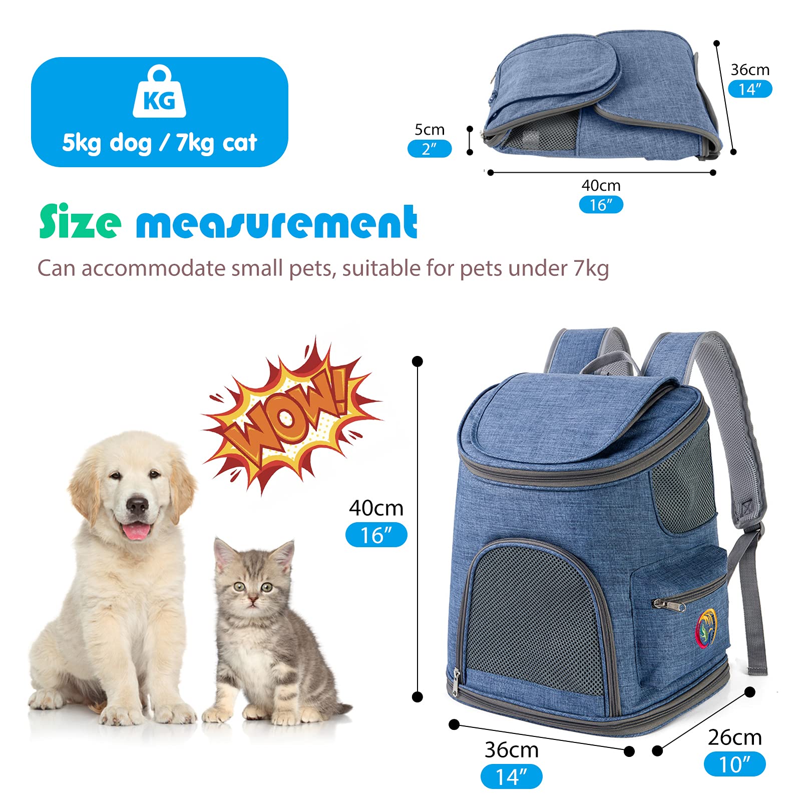 PETCUTE Zaino Porta Cane,Pieghevole Traspirante Zaino per Cani e Gatti con Materasso Morbido,Borsa Trasportino Cane con Cintura di Sicurezza Interna per Viaggio Campeggio,Fino a 8KG