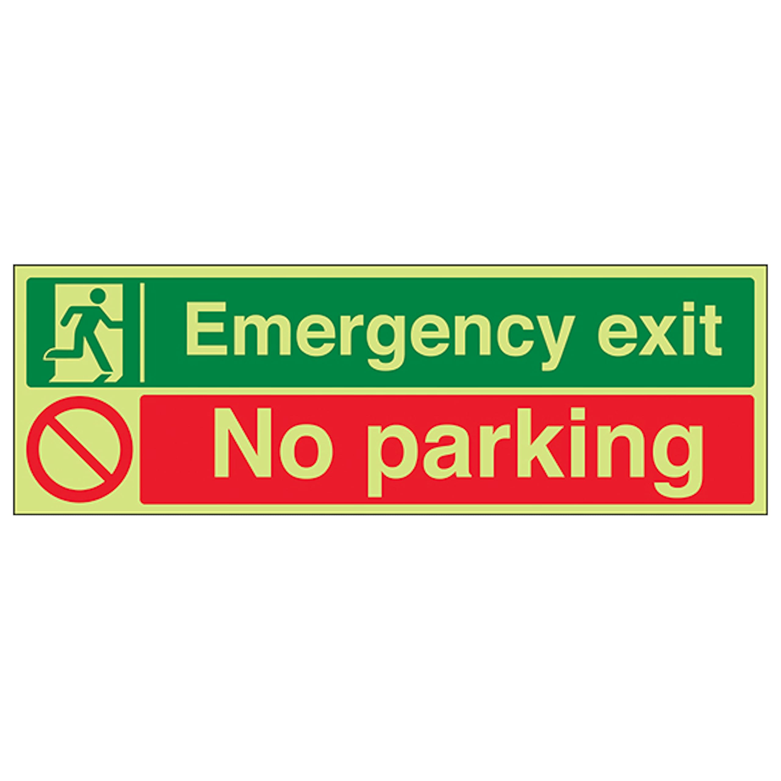 V Safety GITD Emergency Exit/No Parking 300 x 100 mm - Glow In The Dark 1mm Rigid Plastic Safety Sign