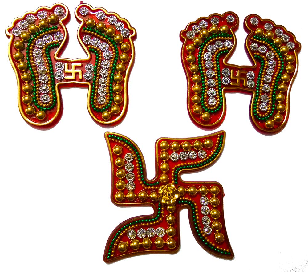 Avanti Creation Acrylic Multicolor Stone Studded Swastik Laxmi Feet Sticker for Floor Decoration Swastik Sticker for Door Decoration