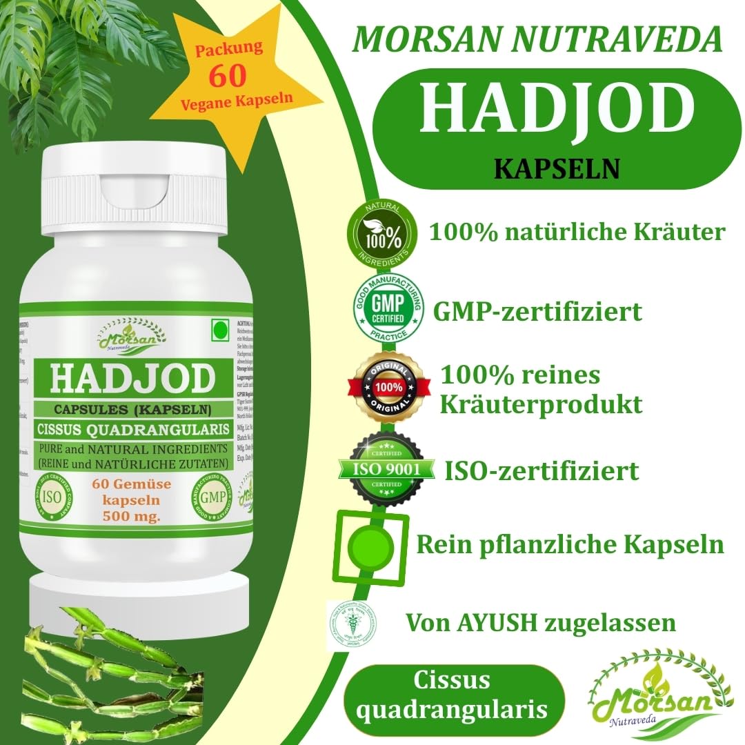 Hadjod (Cissus Quadrangularis, Harjor) Capsules | 500 mg. - 10:1 Potent Extract | Ayurvedic Herbal Supplement | 60 Vegan Capsules for Men & Women (Pack of 1 Bottle)
