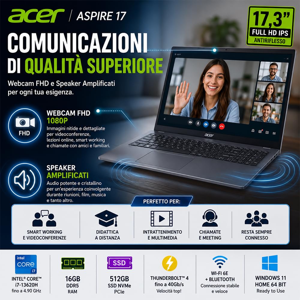 Acer Notebook Aspire, Display 17.3" FullHD IPS, Intel Core i7-13620H, DDR5 | 10Core, 16GB DDR5, Thunderbolt 40Gb/s, SSD 512GB, Wi-Fi6, Win 11, Ready to Use, include alimentatore e libre office