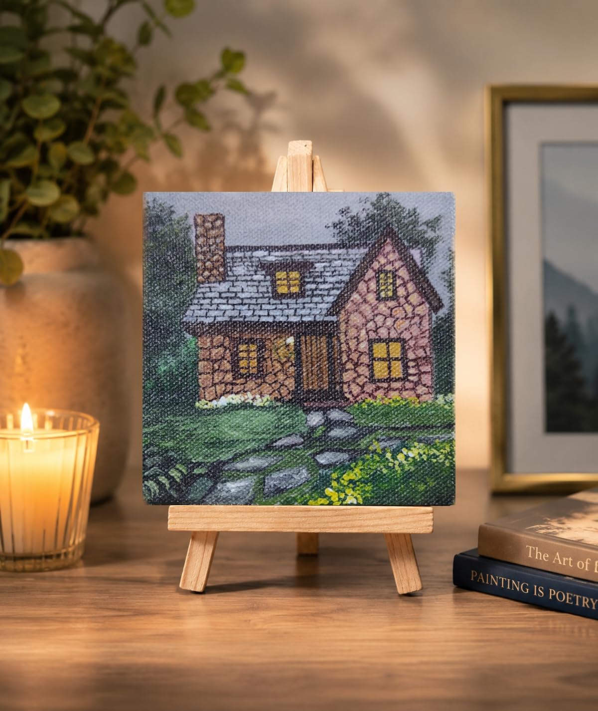 Mini Cottage Acrylic Painting with Wooden Easel Stand, 4x4 inch, home decor | Brick house,Canvas Art,, Tabletop Display, Handcrafted, Home Decor-picture-33