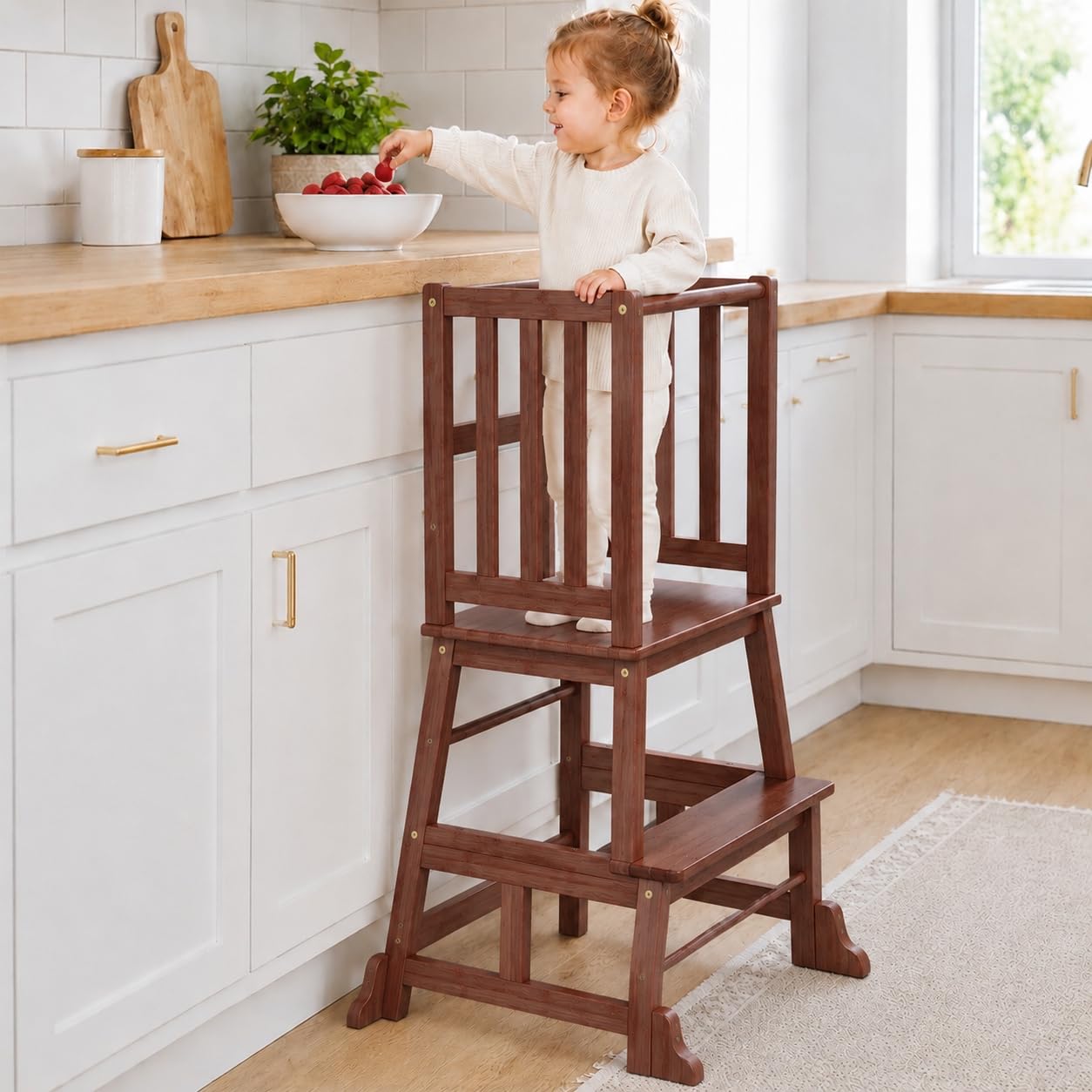 COSYLAND Toddler Standing Tower for Kitchen - Wooden Nursery Step Stool for Kids - Solid Learning Stool Kitchen Counter Helper Step Stool for Kids (Brown)