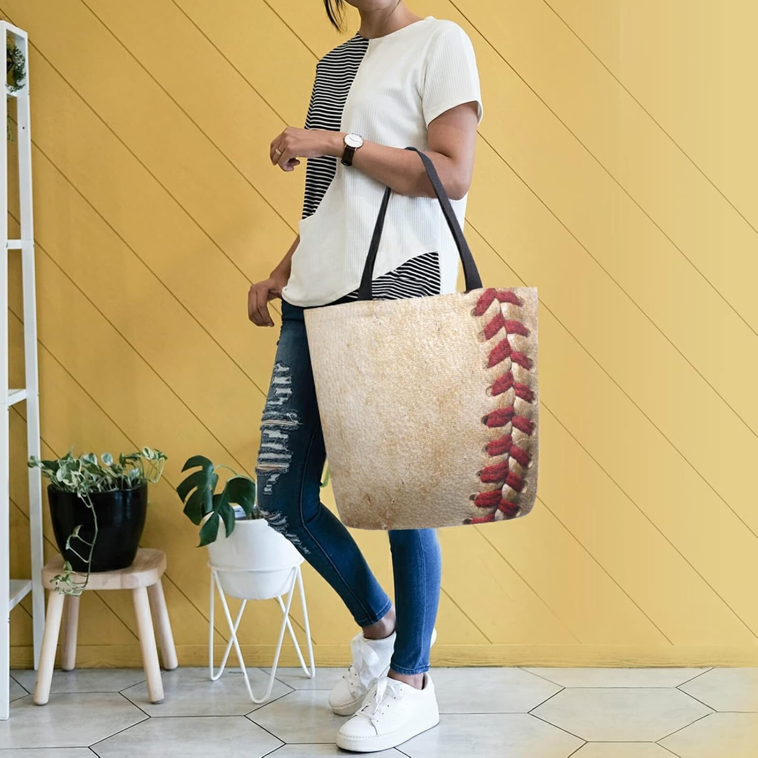 ALAZA Retro Baseball Threads Canvas Tote Bag Large Women Casual Shoulder Bag Handbag,Shopping Grocery Cotton Bag Reusable,Multipurpose,Heavy Duty For Outdoors Weekender Travel - Image 2