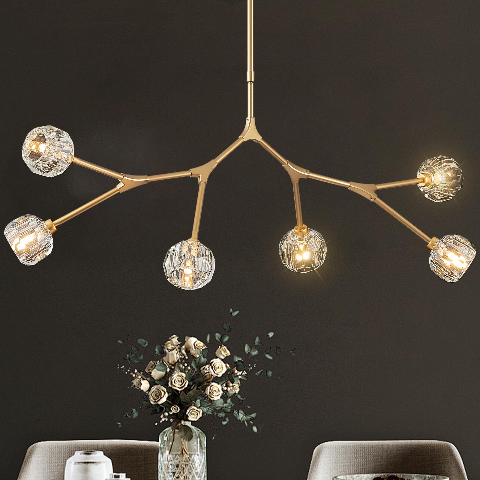 Photo 1 of Sparklelf K9 Crystal Pendant Light Fixture Sputnik Chandeliers for Dining Room 6 Light Modern Gold Chandelier L43in Mid Century Flush Mount Chandelier for Over Table Living Room Kitchen Island